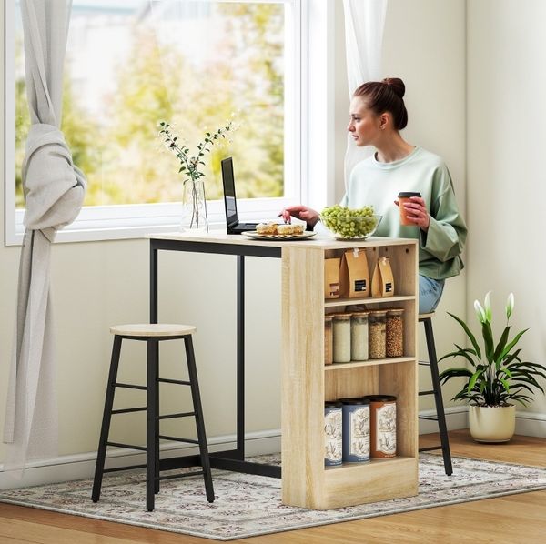 Bartisch-Set H 91 x T 49 x B 91 cm mit Stauraum, Stahl und Spanplatte in Eichenoptik, mit 2 Hockern