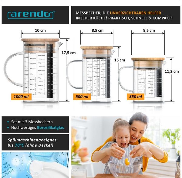 Arendo Messbecher 250ml, 500 ml & 1000 ml Glas Messkrug Set mit Bambusdeckel, luftdicht, Glas, (Set, 3-St), Küchenbehälter, Silikondichtung, für Mehl Zucker Gewürze Süßigkeiten