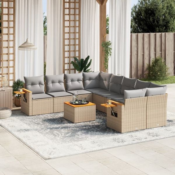 vidaXL 9-tlg. Garten-Sofagarnitur mit Kissen Beige Poly Rattan 3226668