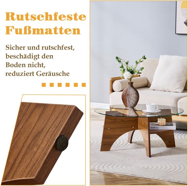 Beistelltisch 80x 80x36 cm aus Sicherheitsglas mit fächerförmigem MDF-Gestell in Nussbaum-Optik Bild 7