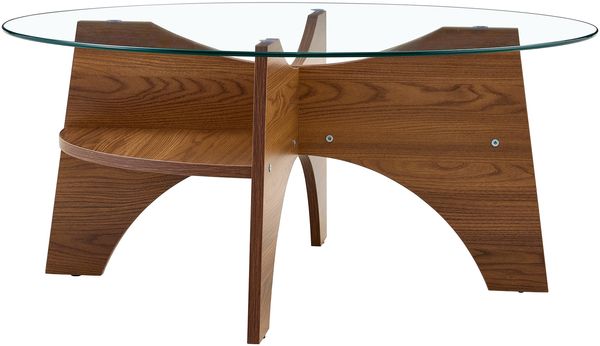 Beistelltisch 80x 80x36 cm aus Sicherheitsglas mit fächerförmigem MDF-Gestell in Nussbaum-Optik Bild 4