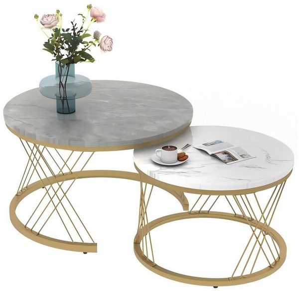 Odikalo Couchtisch Teetisch Kaffeetisch Marmoroptik Nest Rund Golden Frame Schwarz/Grau