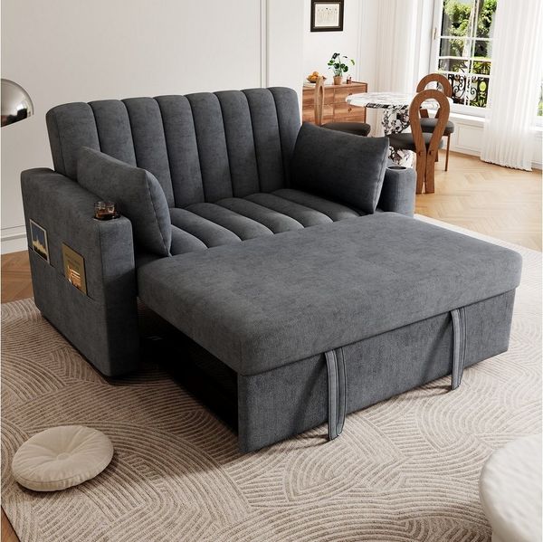 Merax Schlafsofa 2-Sitzer Sofa mit Schlaffunktion, 1 Teile, Doppelsofa mit verstellbarer Rückenlehne, Getränkehalter und Kissen