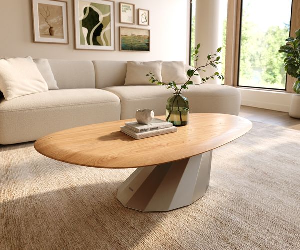 Couchtisch Edge Oval 140x75 cm Eiche Natur Runde Kante Parabi Edelstahl gebürstet