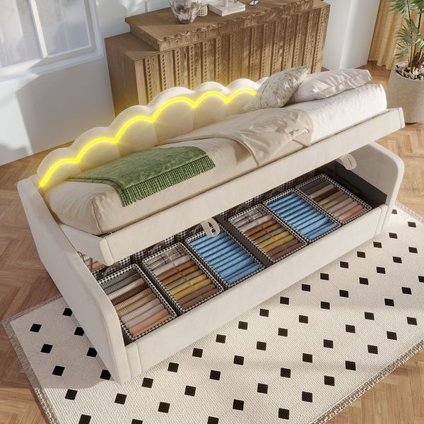 Tagesbett, Schlafsofa, Hydraulisch Bett, Mit Stauraum, Einzelbett (Ohne Matratze), Samt, Farbwechselbarer LED-Streifen, 90x200cm, Beige