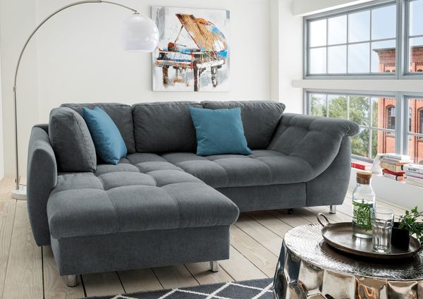 Polsterecke >Allin< Schlaffunktion, 6 Kissen, Bezug anthrazit/denim - 250x66x190 (BxHxT)
