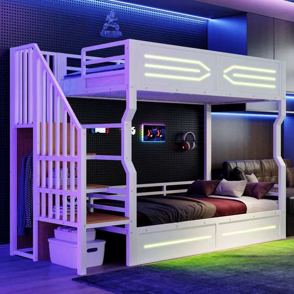 Merax Etagenbett, 90 × 200 cm, Jugendbett, Hochbett, mit Stauraum und kleiner Treppe im Schrankstil, mit LED-Beleuchtung, Hohem Geländer, Weiß
