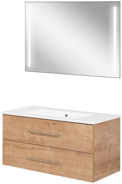 FACKELMANN B.PERFEKT Waschtisch Set mit Spiegel 103 cm breit, Braun hell, Waschbecken Keramik Weiß