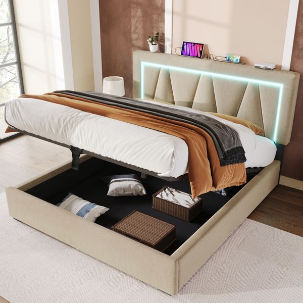 Polsterbett 140x200 cm aus Leinen mit Stauraum, LED-Beleuchtung und USB/Type-C-Ladestation