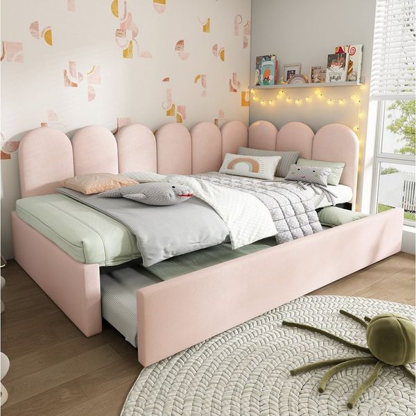 Merax Daybett 90x200cm mit Ausziehbett 90x190cm (1 tlg), Polsterbett Samt Tagesbett Kinderbett Schlafsofa mit Lattenrost