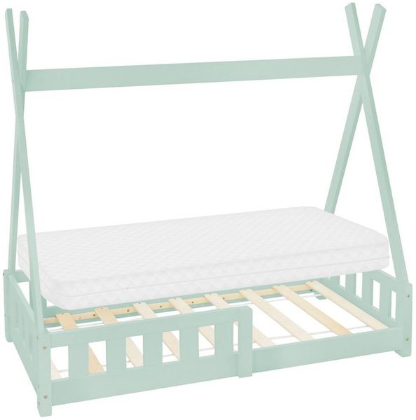 ML-DESIGN Spielbett Hausbett Tipi Zeltbett inkl. Lattenrost Bodenbett Kinder Himmelbett, Abenteuerbett mit Rausfallschutz Zelt Bett Kiefer Mint Kinderhaus