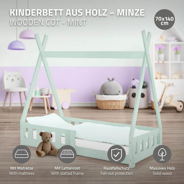 ML-DESIGN Spielbett Hausbett Tipi Zeltbett inkl. Lattenrost Bodenbett Kinder Himmelbett, Abenteuerbett mit Rausfallschutz Zelt Bett Kiefer Mint Kinderhaus Bild 2