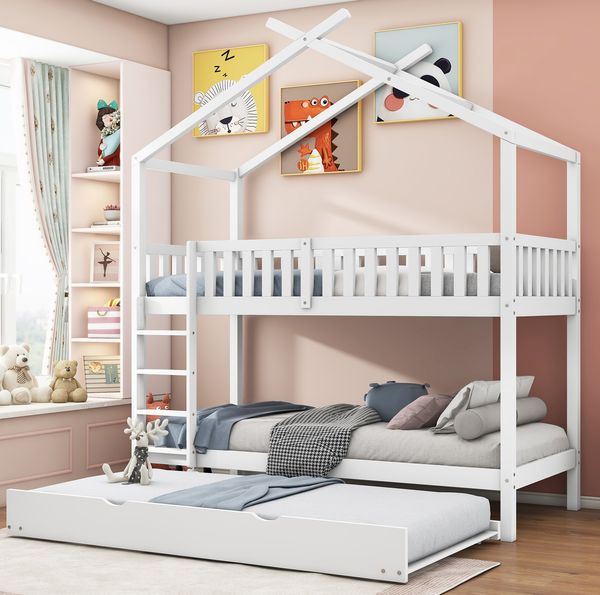 Etagenbett aus Massivholz mit Ausziehbett, 90x200 cm, weiß, ohne Matratze