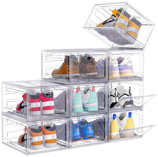 POPOLIC Schuhkiste 6/9/10 Stück Schuhboxen stapelbar Schuhboxen aus klarem Kunststoff (Hartplastik Schuhbox mit Deckel, 9 St, Schuhorganisatoren mit Magnettür für Größe 46 - Hartplastik), faltbar und stapelbar, für Stöckelschuhe,Pumps, Schuhaufbewahrung