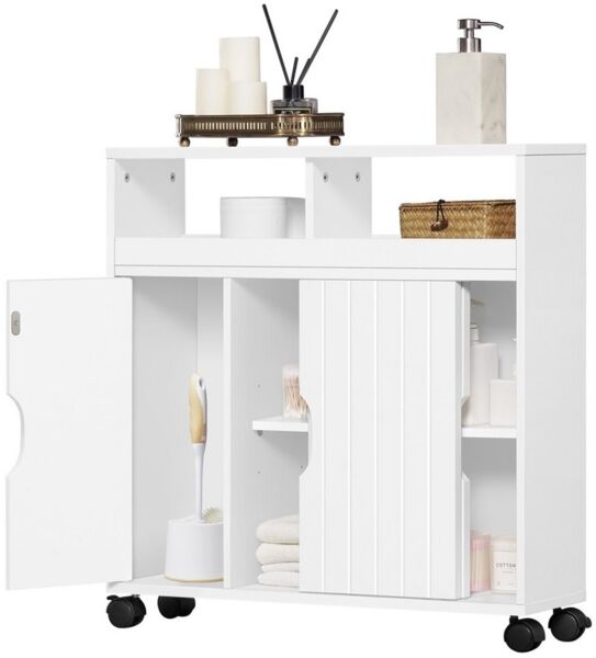 Yaheetech Badkommode mit Schiebetüren und Rollen, MDF-Holzplatten Weiß, 69,5 x 20 x 71,5 cm