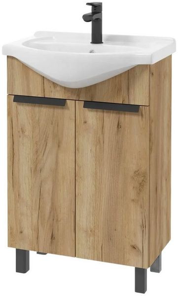 STAMAR Waschbeckenunterschrank Badmöbel Standschrank 50 cm mit Waschbecken Craft Eiche Gold Armatur Unterschrank stehend Keramik Siphon Set schwarz Armatur kompakt