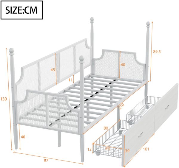Metallbett 90x200 cm mit 2 Schubladen,Vintage Eisenbett Sofa,Weiß,Schlafsofa mit Stauraum & Metallrahmen Bild 5