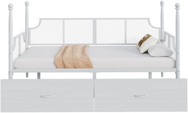 Metallbett 90x200 cm mit 2 Schubladen,Vintage Eisenbett Sofa,Weiß,Schlafsofa mit Stauraum & Metallrahmen Bild 6