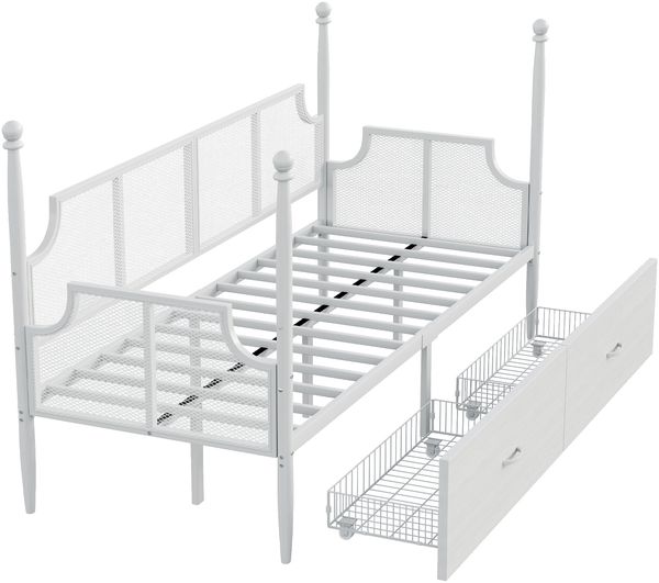 Metallbett 90x200 cm mit 2 Schubladen,Vintage Eisenbett Sofa,Weiß,Schlafsofa mit Stauraum & Metallrahmen Bild 7