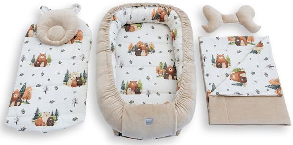 Loolay Kuschelnest BABYNEST 5 TLG. Set PREMIUM Babyausstattung Baumwolle & Samt Velours, (MUSTER: BEIGE Samt Velour/ Beige Bärchen Familie, 5-tlg, Liebevoll handgefertigt Nestchen! Geborgenheit Komfort für Neugeborene), Premium Ausstattung - 100% Europ...