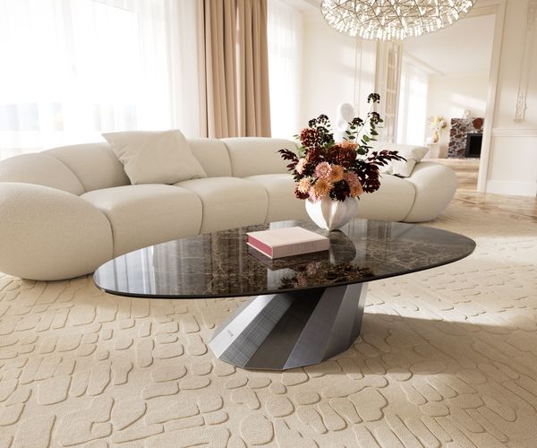 Couchtisch Edge Oval 140x75 cm Keramik Emperador Extra Lucidato Dunkelbraun Parabi Metallic Silber