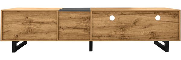 TV-Schrank 170 cm Holzfarbe & Dunkelgrau, modernes TV-Lowboard mit Klapptür, Seitentüren und offenen Fächern Bild 10