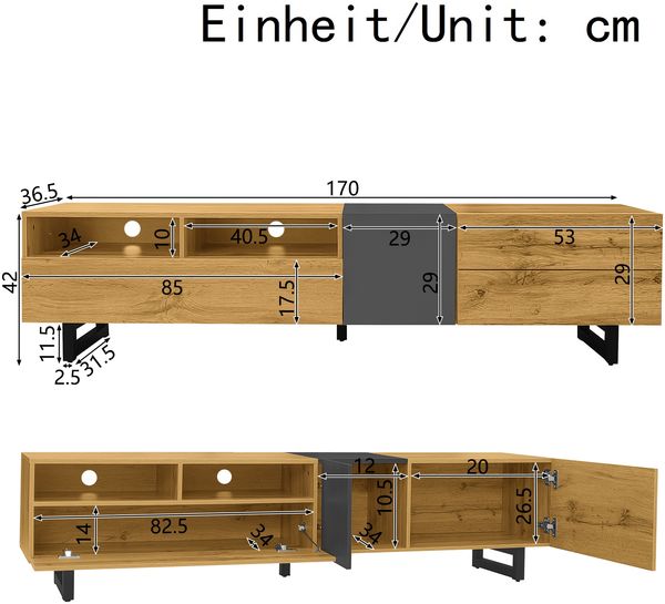 TV-Schrank 170 cm Holzfarbe & Dunkelgrau, modernes TV-Lowboard mit Klapptür, Seitentüren und offenen Fächern Bild 9