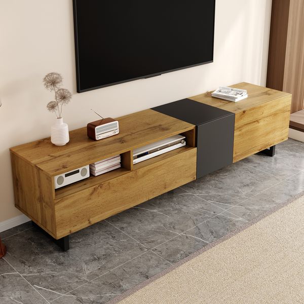 TV-Schrank 170 cm Holzfarbe & Dunkelgrau, modernes TV-Lowboard mit Klapptür, Seitentüren und offenen Fächern