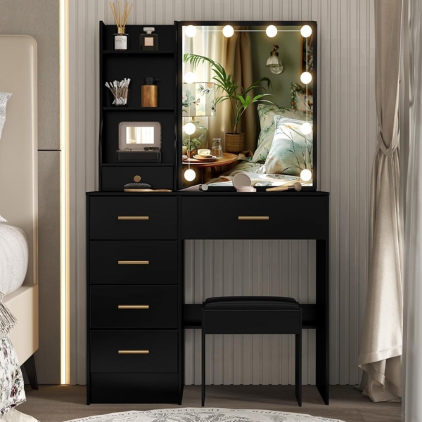 Schwarzer Schminktisch mit Beleuchtung und Hocker, 80x34x130cm