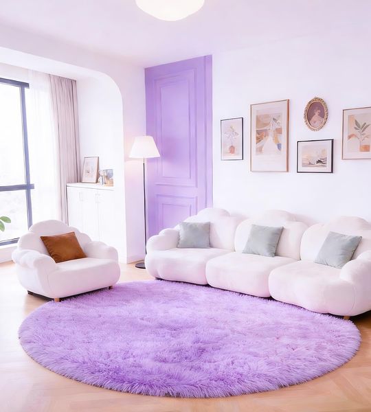 ROHATIM Teppich Schlafzimmer Rund 150 cm Violett Waschbar Rutschfester Runder Hochflorteppich Wohnzimmer Kinderzimmer Mädchen Flauschig
