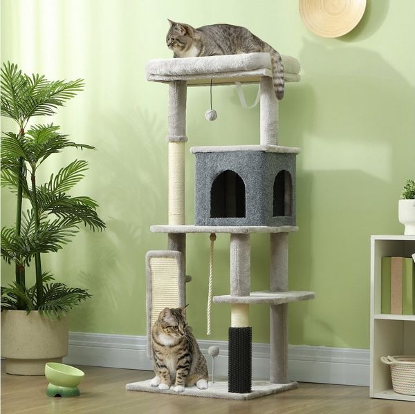 PawHut Kratzbaum 132 cm, mit Katzenhöhle, Spielball, für Katzen bis 6 kg, Hellgrau