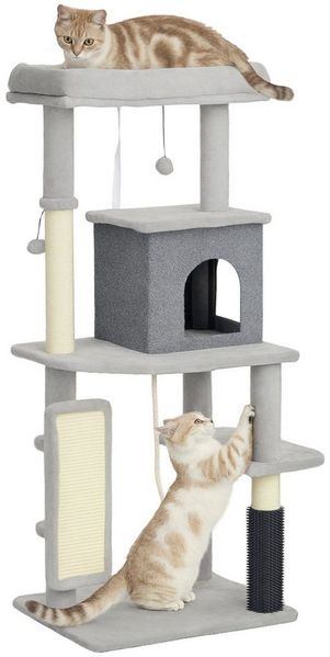 PawHut Kratzbaum 132 cm, mit Katzenhöhle, Spielball, für Katzen bis 6 kg, Hellgrau