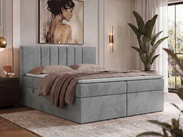 Boxspringbett INERO 140x200 mit Matratze H3 und Topper Visco, 7-Zonen-Multipocket-Kern, zwei Bettkästen, Doppelbett, gepolstert Kopfteil - Hellgrau Velvet