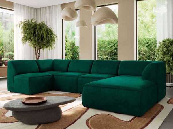 Modulares XXL-Ecksofa MODARO 5M, U-Form, Wohnlandschaft, 5-teilig, freistehend, Wohnzimmer Couch, HR-Schaumstoff - Dunkelgrün Velvet - Rechts