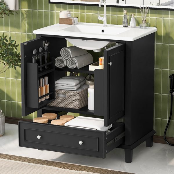 76x46x87cm weißer Badezimmerschrank, Beine aus Massivholz, MDF-Material, feuchtigkeits- und wasserdicht, großer Stauraum, integriertes Keramikwaschbecken, leicht zu reinigen,Schwarz