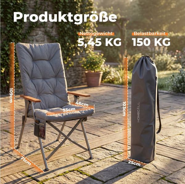 HOMECALL Campingstuhl Faltbar Hochlehner Luxus Klappstuhl mit 4,5cm Dicke Gepolstert (150kg Belastbar mit 4 Positionen Verstellbar Angelstuhl, 2 St), für Garten Balkon Wohnmobil