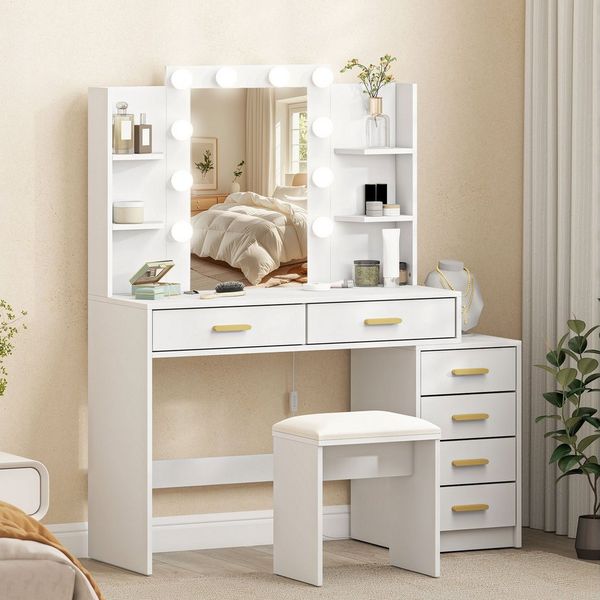 HOMCOM Schminktisch mit LED-Beleuchtung, 3 einstellbare Lichtfarben und Hocker (Frisiertisch, 2-St, Kosmetiktisch), mit Spiegel, 6 Schubladen, 4 offenen Ablagen