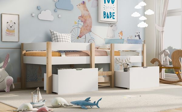 Kinderbett 90x190 cm halbhoch aus Kiefer-Massivholz mit umlaufendem Rausfallschutz, Schubladen und Leiter, skandinavisch weiß