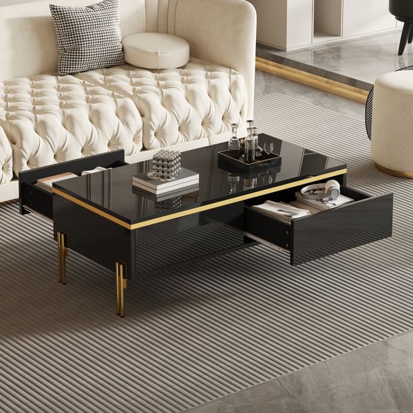 Couchtisch 100 x 50 x 36 cm, hochglänzend in Schwarz mit Doppelschubladen und Metallbeinen