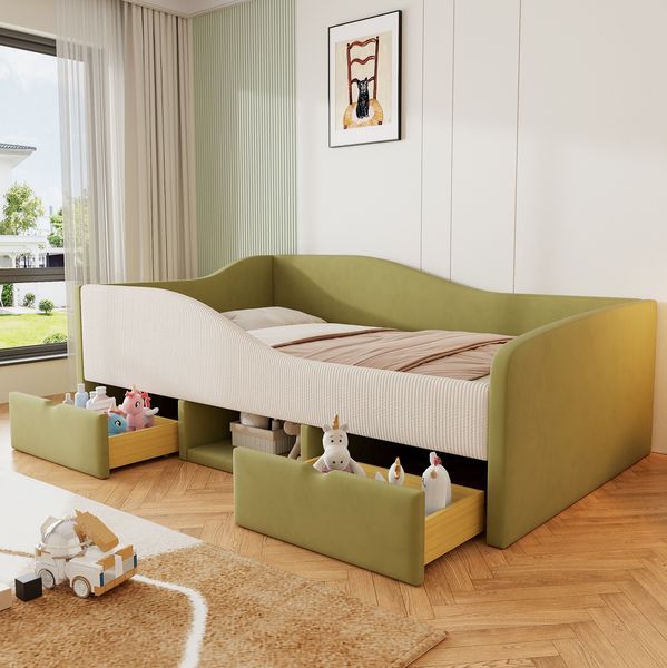 Polsterbett für Kinder mit Stauraum, 90×190 cm, Samt, Dunkelgrün+Elfenbein