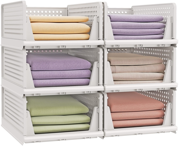 SONGMICS Schrank-Organizer klappbar, Kleiderschrank-Organizer stapelbar, ausziehbarer Korb 6er Set, Aufbewahrung und Organisation, Kunststoff, Schlafzimmer, Büro, Badezimmer, weiß LPC600WZ01