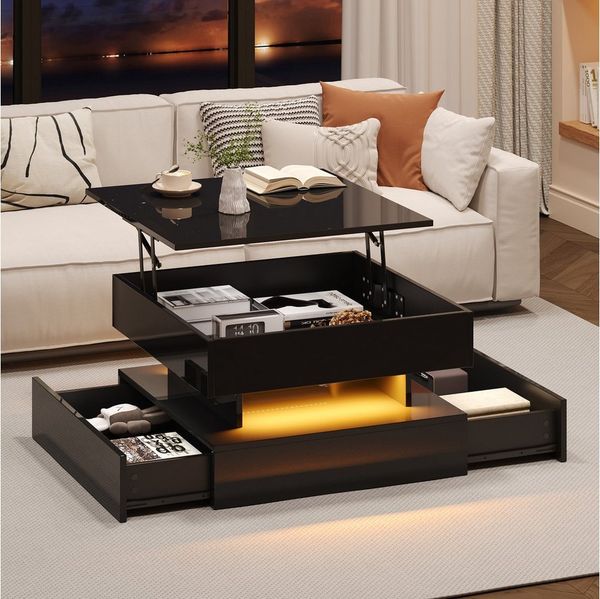Merax Couchtisch hochglanz Sofatisch anhebbarer Beistelltisch mit LED-Beleuchtung (65 x 65 x 38.5 cm, 1-St, für Wohnzimmer, Homeoffice & kleine Wohnungen), Quadratischer Wohnzimmertisch mit 2 Schubladen & Verstecktem Stauraum