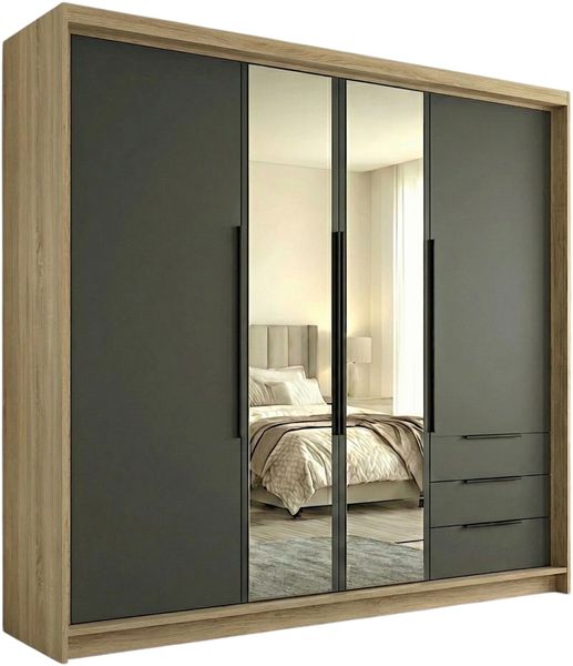 Drehtürenschrank vier¬türiger VIVO Kleiderschrank mit Schubladen und Metallgriffen.