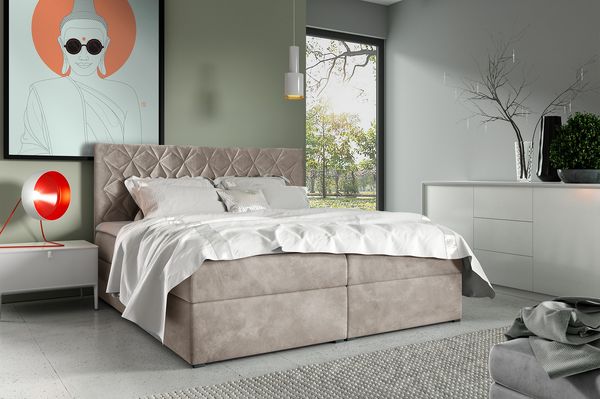MEBLINI Boxspringbett BILBAO 140x200 cm mit Bettkasten – H4/Dunkelbeige Samt Polsterbett - Gepolstert Doppelbett mit Matratze und Topper - Polsterbett mit Stauraum - Bett mit Kopfteil – Stauraumbett