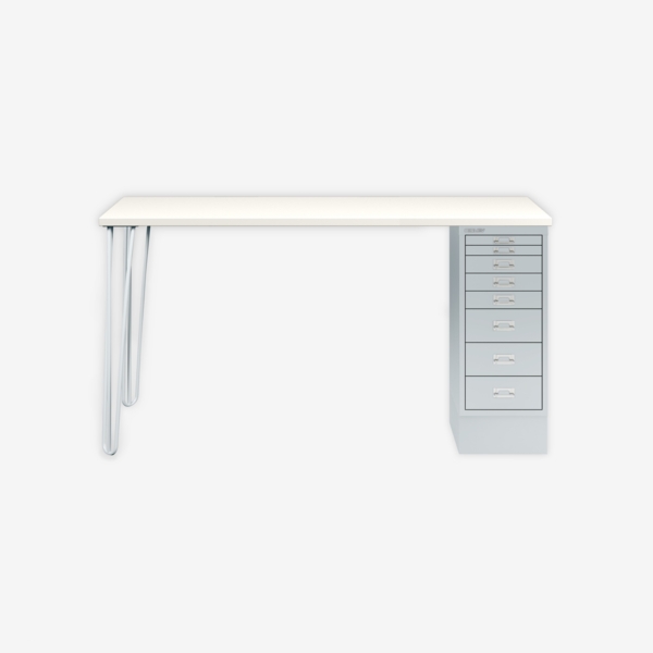 MultiDesk, 2 Stahlfüße, 1 MultiDrawer mit 8 Schüben, Dekor Weiß, Farbe Lichtgrau, Maße: H 740 x B 1400 x T 600 mm