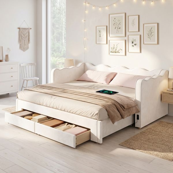 Polsterbett, Daybett, Tagesbett, Sofabett, mit 2 Schubladen für Stauraum, Schlafsofa, Tagbett 90x200 cm, ausziehbar auf 180 cm, mit USB-Anschluss, samt, beige
