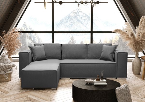 AX LIVING Grau Ecksofa mit Schlaffunktion Vinoria L-Form 255 cm Links