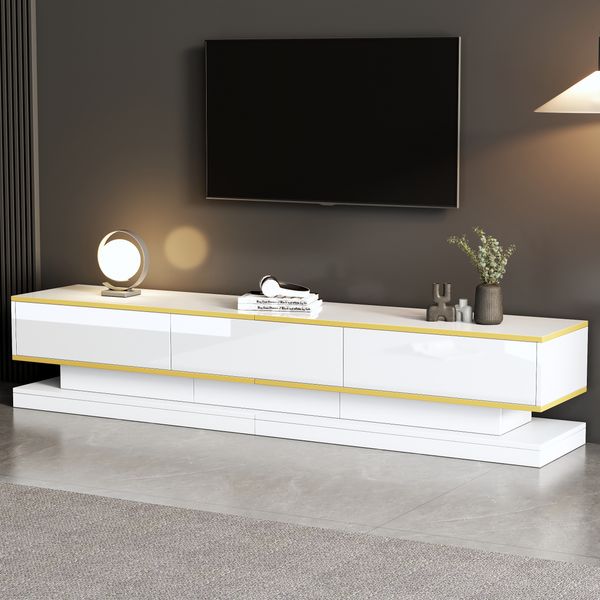 TV-Schrank 200x40x40 cm, Hochglanz in Warmweiß mit 3 Schubladen und offenem Stauraum