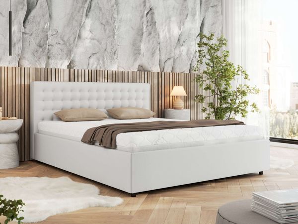 Polsterbett mit Holzlattenrost Doppelbett PAVO CLASSIC, hohe Kopfteil, Bettkasten mit Gasdruckfeder Multipocket Matratze - 140 x 200 cm - Weiß Kunstleder - ELORI LUX