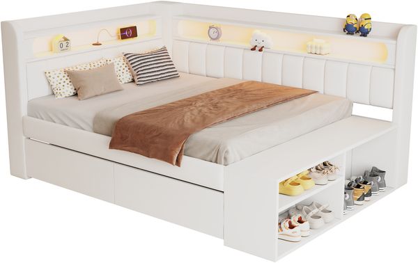 Gepolstertes Schlafsofa 90x200cm mit USB-Anschluss und LED-Lichtleiste, inklusive Schuhschrank und zwei Schubladen, weiß.